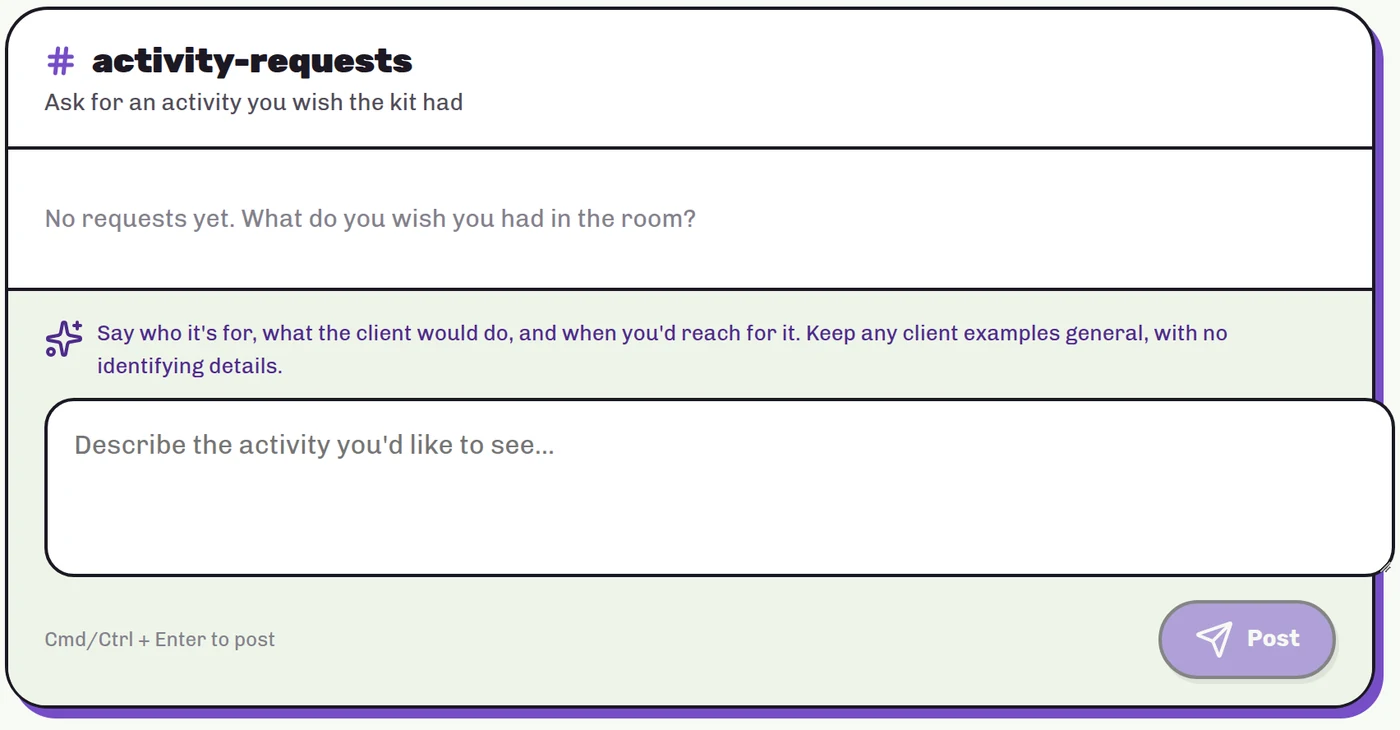 The activity-requests channel in the Psych Fieldkit Community, where members describe the activity they would like to see