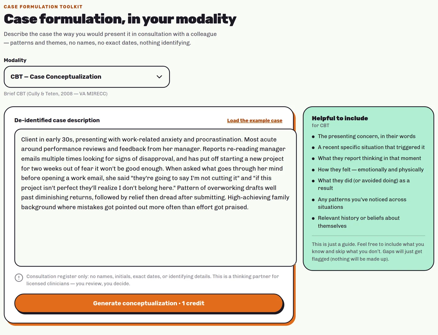 The Case Formulation Toolkit with a de-identified example case entered and CBT selected