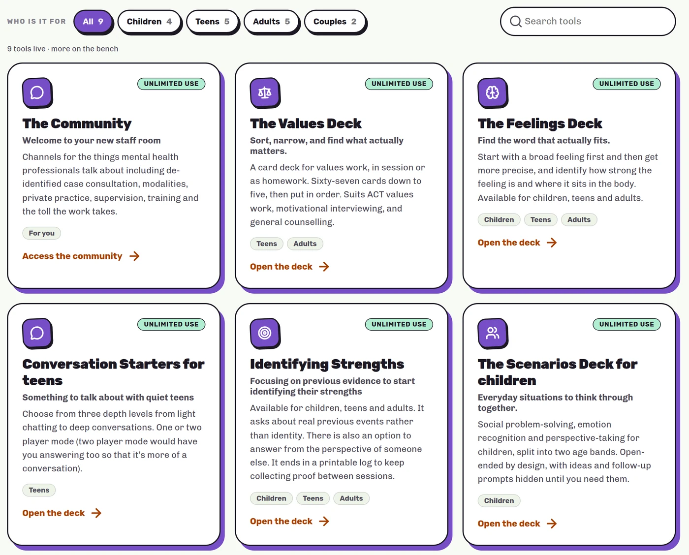 The Psych Fieldkit tool directory, filtered by who each tool is for: children, teens, adults and couples
