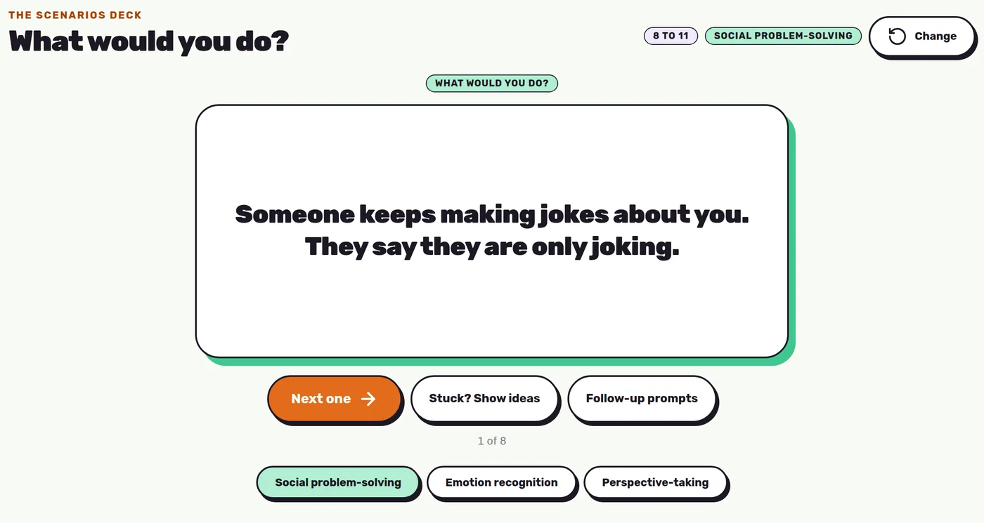 The Scenarios Deck for children showing a social problem-solving card for ages 8 to 11