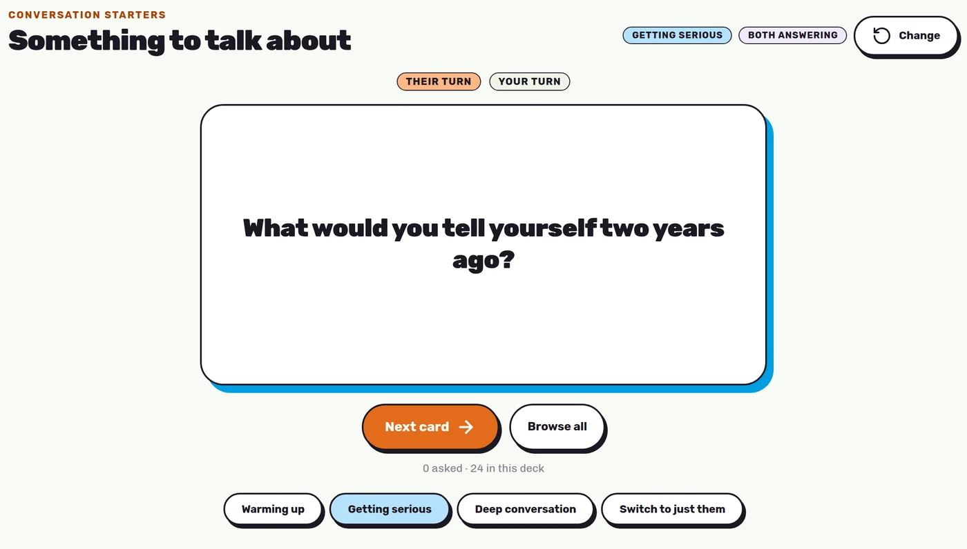 Conversation Starters for teens showing a card at the Getting serious level